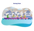 Rowing team vector illustration. Kayak, canoe or boat woman team with leader. Outdoor activity with teamwork water sport athlete. Royalty Free Stock Photo