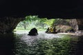 Rowing woman row a boat with tourist on the river inside cave with trees in the background at Trang An Grottoes in Ninh Binh.