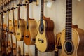 Rows of acoustic guitars on the wall