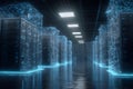 High-tech data center with glowing servers and intricate network visualizations in a modern facility Royalty Free Stock Photo