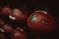 Rows of american football balls in NFL Experience in Times Square, New York