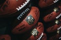 Rows of american football balls in NFL Experience in Times Square, New York