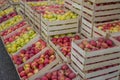 Rows of apples crates at the farmers market Royalty Free Stock Photo