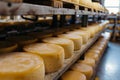 Artisan cheese wheels aging wooden shelves factory. Aging process food industry