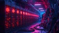 Rows of ASIC miners in a cryptocurrency mining farm. Royalty Free Stock Photo