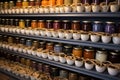 rows of assorted teas and coffee in matching containers