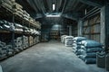 Rows of bags of cement in a warehouse. Ideal for construction industry Royalty Free Stock Photo