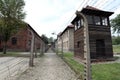 Rows of barbed-wire fencing at the Nazi concentration camp of Auschwitz,