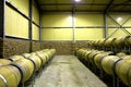 Rows of barrels in wine storage room