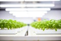 rows of basil plants in white hydroponic containers under led grow lights Royalty Free Stock Photo