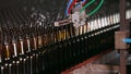 Rows of beer bottles in the factory.