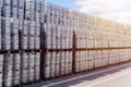 Rows of beer kegs. Large warehouse of beer kegs. Industrial beer production.