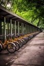 rows of bicycles at a public bike-sharing station