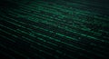 Rows of binary code, composed of ones and zeros, are displayed in green on a dark Royalty Free Stock Photo