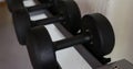 Rows of black dumbbell set on rack in the gym. Health care concept