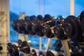 Rows of black dumbbells in the gym at evening Royalty Free Stock Photo