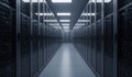 Exploring a modern data center filled with rows of servers glowing softly in a cool, sleek environment Royalty Free Stock Photo