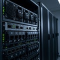 Rows of black server racks in a data center, showcasing advanced hardware.