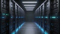 High-tech server room background with rows of servers for cloud computing artificial intelligence processing and database systems Royalty Free Stock Photo