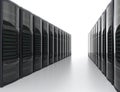 Rows of blade server system on white background