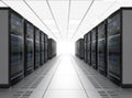 Rows of blade server system on white background