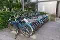 Rows of blue color bicycle for rent