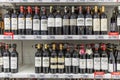 Moscow, Russia, 04/29/2020:Rows of bottled alcohol of different kinds at a supermarket. Multiple colors, price tags