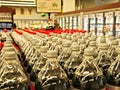 Rows of bottled beverages stacked on shelves