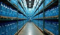 Rows of bottled water on shelves in large storage facility. This extensive supply is ready for distribution or emergency Royalty Free Stock Photo