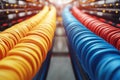 Rows of brightly colored cables in a server room illustrating data flow telecommunication infrastructure and network setup in a