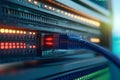 Rows of brightly glowing data servers in a futuristic data center representing organized digital infrastructure and high perfor