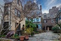 Rows of brownstone apartment buildings in Center City with windows, stoops and planters in Pennsylvania