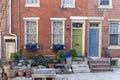 Rows of brownstone apartment buildings in Center City with windows, stoops and planters in Pennsylvania