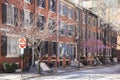 Rows of brownstone apartment buildings in Center City with windows, stoops and planters in Pennsylvania