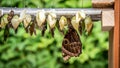 Rows of butterfly cocoons and hatched butterfly Royalty Free Stock Photo