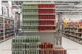Moscow, Russia, 04/29/2020: Rows of canned alcohol of different kinds at a supermarket. Multiple colors, price tags. Blurred