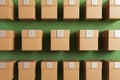 Rows of cardboard boxes on green background, space for text