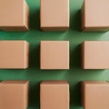 Rows of cardboard boxes on green background, space for text