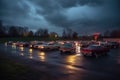 rows of cars at a drive-in with projector light