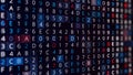 Rows of changing symbols, hacking a password on black background, seamless loop. Animation. Abstract moving random