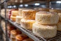 Rows of cheese wheels aging on metal shelves in a commercial storage cellar Royalty Free Stock Photo
