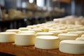 Rows of cheese wheels in the factory warehouse Royalty Free Stock Photo