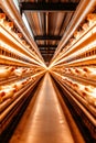 Rows of chicken cages stretch down a brightly lit aisle in a modern poultry farm, showcasing a streamlined and efficient Royalty Free Stock Photo