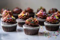 rows of chocolate cupcakes with rainbow sprinkle topping