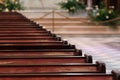 Rows of church benches. Polished wooden pews. Selective focus Royalty Free Stock Photo