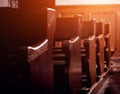 Rows of church benches. Selective focus. Beautiful background. Royalty Free Stock Photo