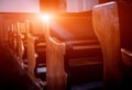Rows of church benches. Selective focus. Beautiful background. Royalty Free Stock Photo
