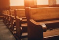 Rows of church benches. Selective focus.