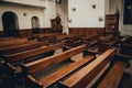 Rows of church benches. Selective focus. Royalty Free Stock Photo