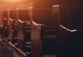 Rows of church benches. Selective focus. Royalty Free Stock Photo